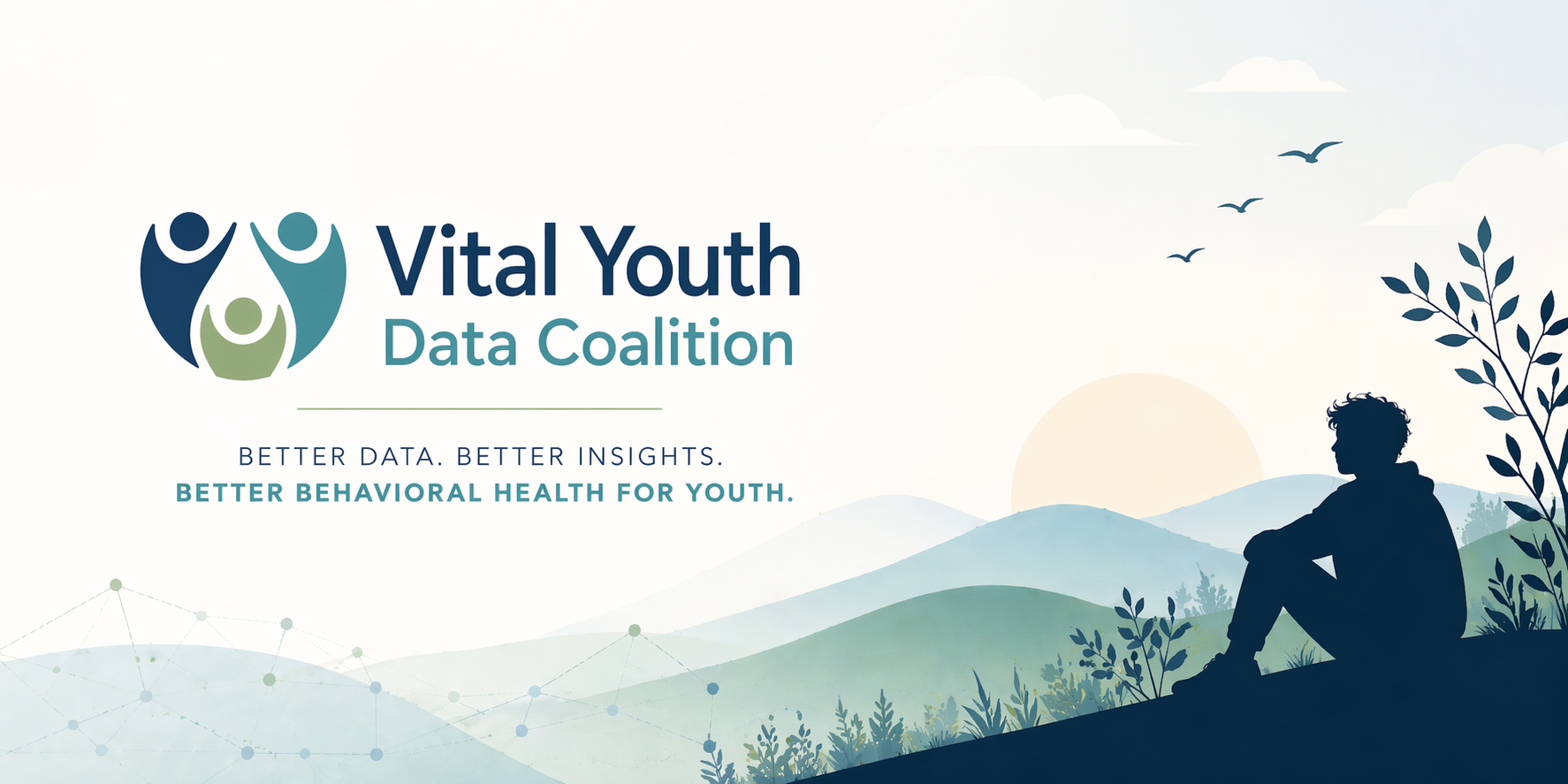 Vital Youth Data Coalition horizontal logo with silhouette of a young person watching the sunrise over rolling hills