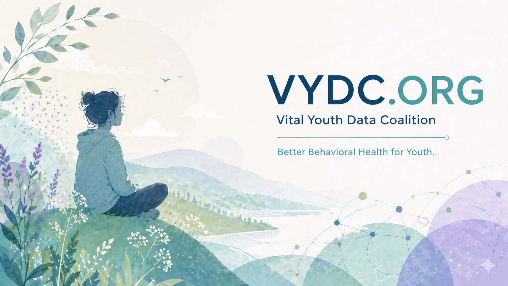 Illustrated young woman sitting on a hillside overlooking a valley, paired with the VYDC.org Vital Youth Data Coalition logo
